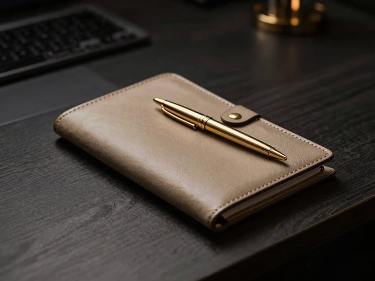 Sleek executive workspace with a leather portfolio and gold pen, low-key dramatic studio lighting, dark luxury aesthetic