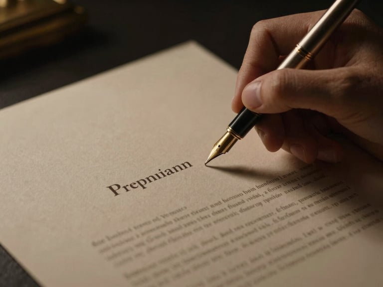 A hand signing a premium textured paper document with a gold fountain pen, dark luxury aesthetic, shallow depth of field