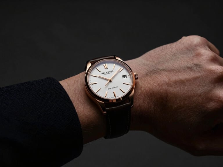A close-up of a high-end luxury watch on a businessman's wrist, dark charcoal background, dramatic side lighting, 35mm photography