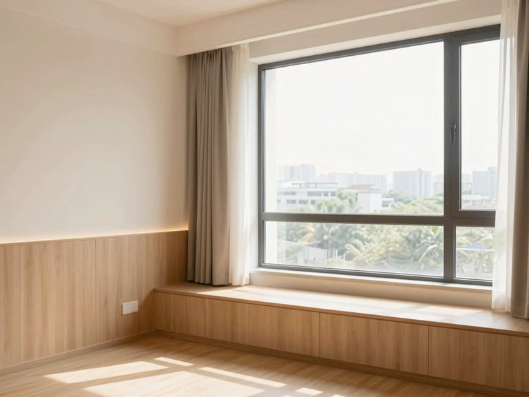 A clean, bright apartment interior with warm wooden accents and soft daylight streaming through a large window, designed for comfortable recovery, 35mm lens
