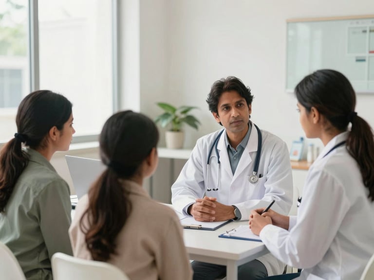 A patient and their family member consulting with an empathetic doctor in a clean, modern Indian hospital office, soft natural daylight, professional environment.