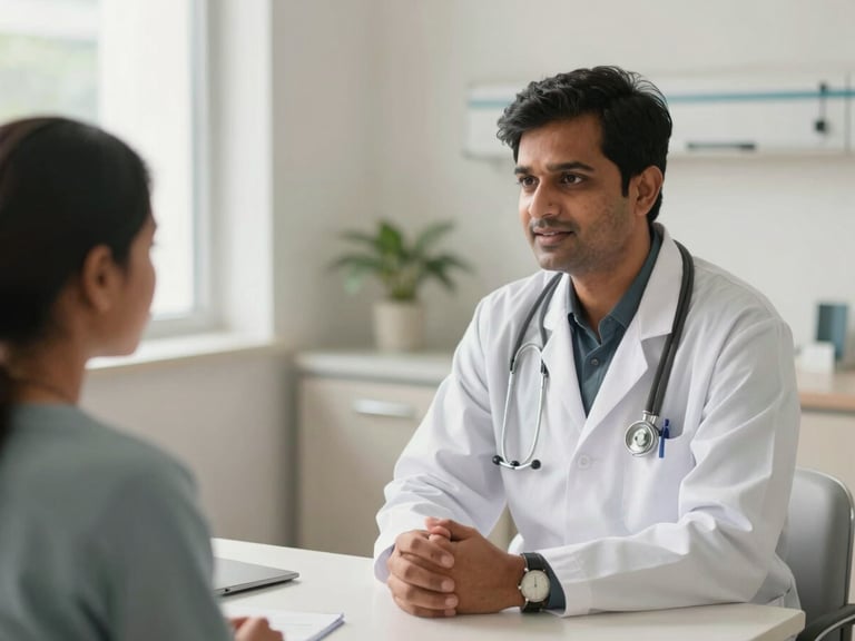 A professional Indian doctor in a clean modern hospital consultation room, speaking reassuringly to a patient, soft natural light, 35mm lens