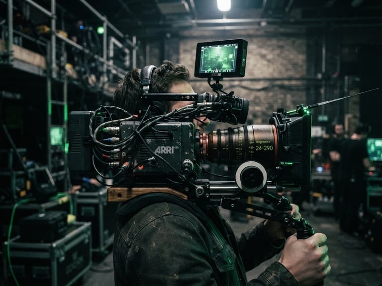 Gritty close-up of a professional cinema camera rig on a shoulder mount, harsh neon green reflections, dark industrial London studio background, 35mm film grain