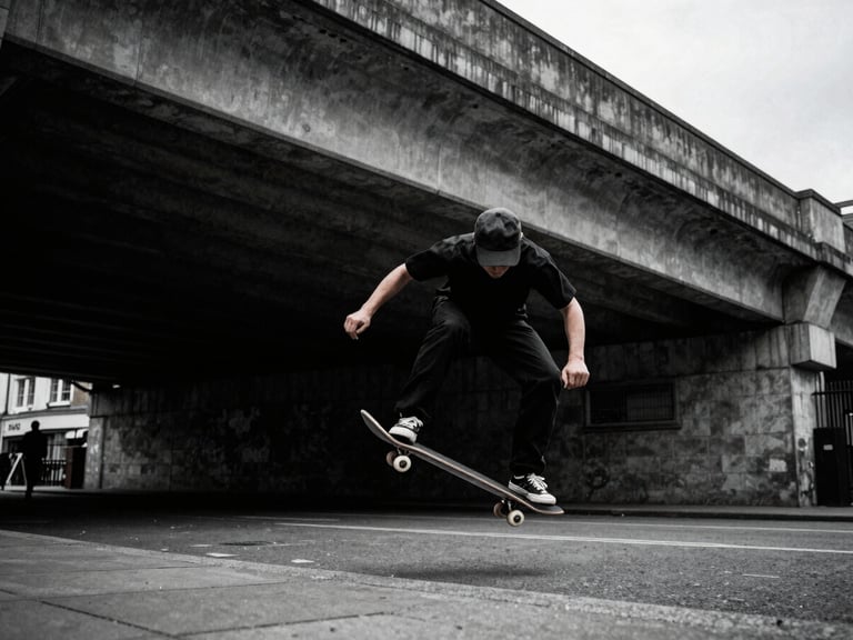 Gritty editorial shot of a skateboarder mid-trick under a concrete overpass in London, moody overcast daylight, high contrast, cool desaturated tones, 35mm film grain.