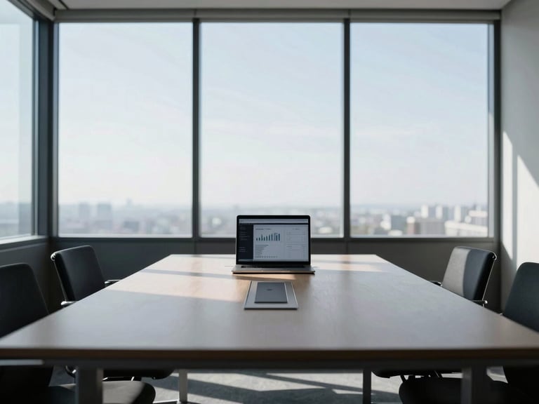 Wide shot of a minimalist boardroom table with a single laptop displaying analytics, natural light from large windows