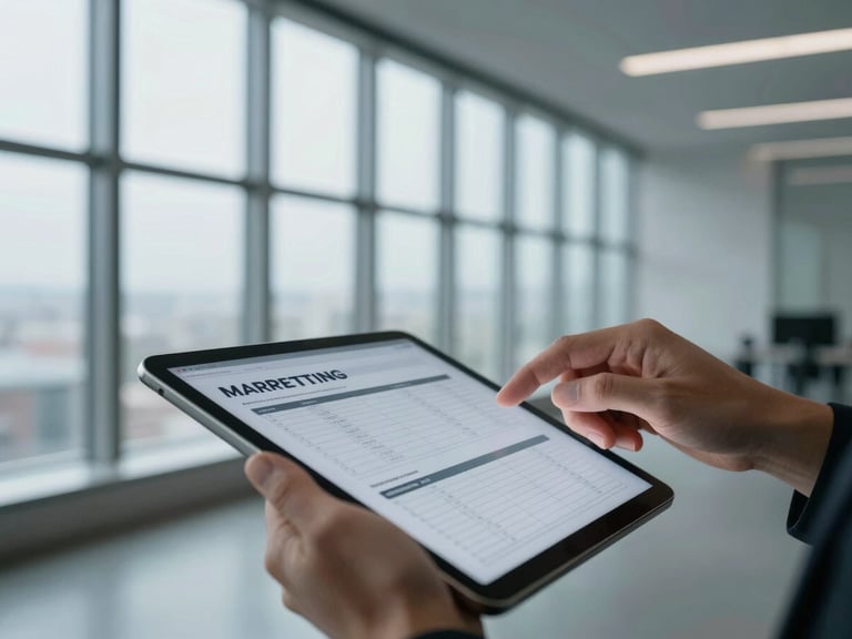 Close-up of hands reviewing a structured marketing plan on a tablet, architectural lighting, cool tones