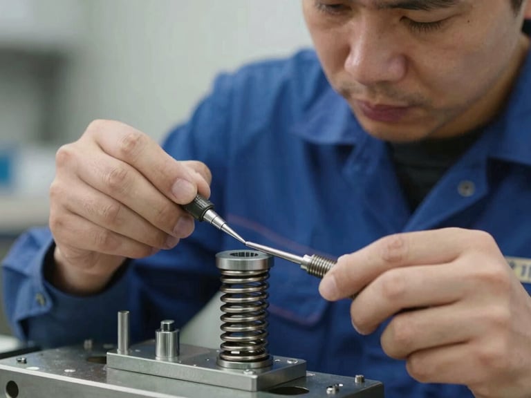 Close-up macro shot of a clean-cut technician in a professional uniform using precision tools on a heavy-duty steel torsion spring, bright daylight, pristine mechanical details.