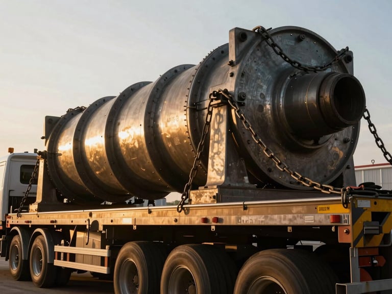 Low-angle wide shot of a multi-axle flatbed trailer loaded with a massive industrial component, secured with heavy chains, golden hour sunlight, metallic textures, 35mm lens.