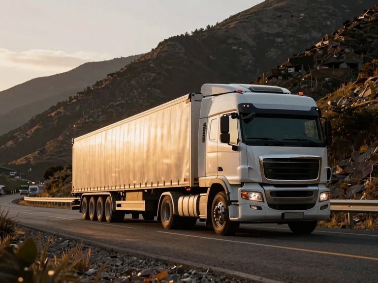 Low-angle wide shot of a heavy haul truck moving through a mountain pass, highlighting route challenges, low-sun golden hour, dramatic landscape, 35mm lens.