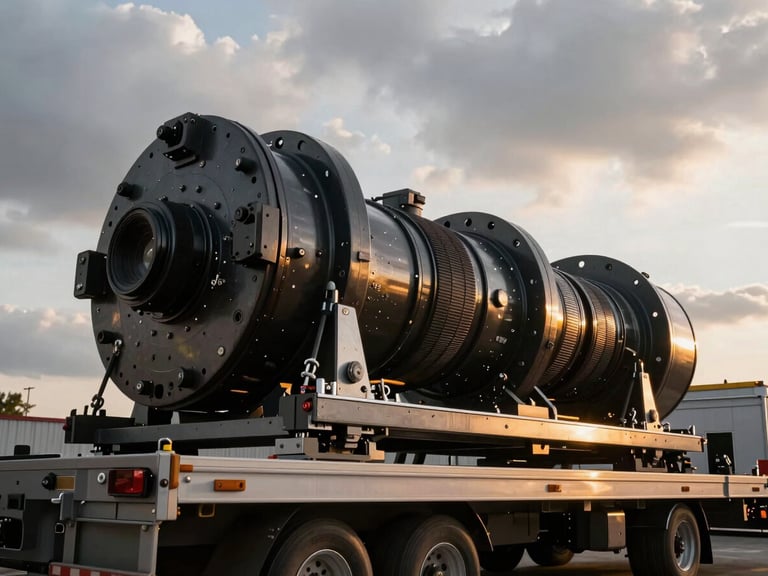 Low-angle wide shot of a specialized trailer securing an irregularly shaped, high-value industrial component, dramatic overcast daylight, highlighting rigging gear, 35mm lens.
