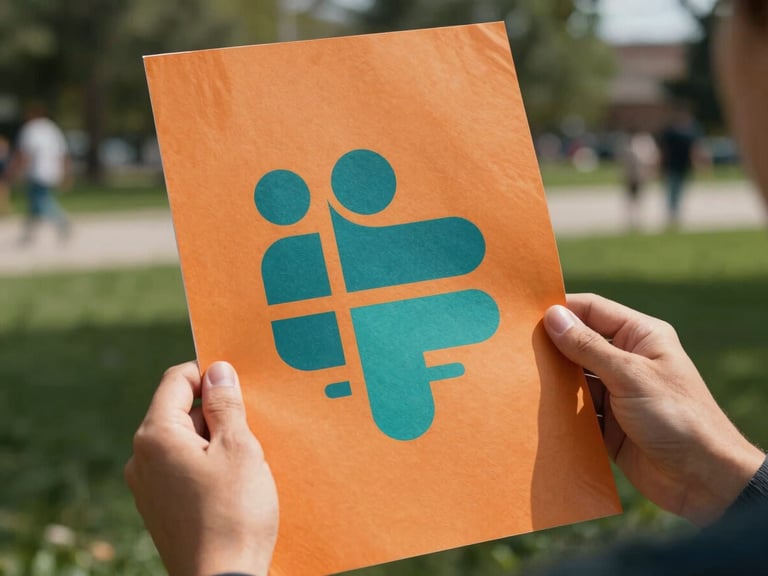 Close-up of hands holding a vibrant, warm orange and teal community poster in a sunny Calgary park, candid eye-level perspective showing texture and active outdoor setting.