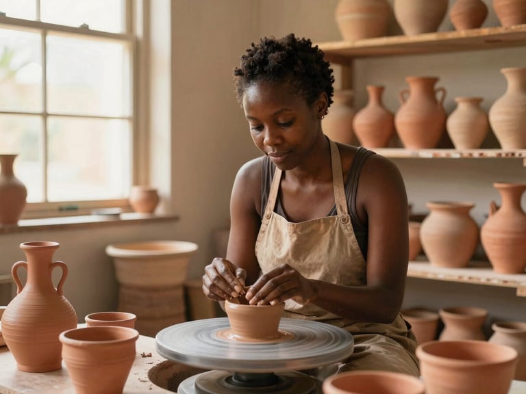 Medium shot of a Black woman artisan in her pottery workshop, surrounded by warm terracotta vessels, soft natural window lighting, rich organic tones.