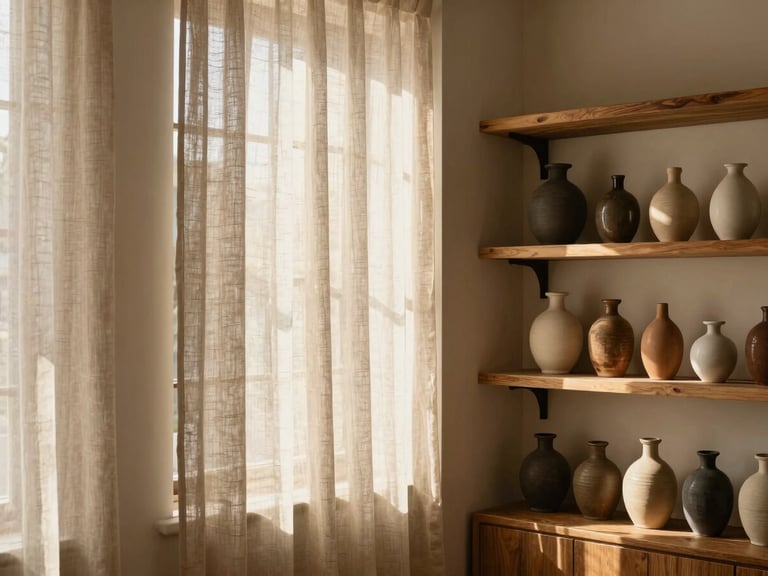 Serene wellness studio interior with soft linen curtains, warm wooden shelves holding ceramic bottles, beautiful natural light.