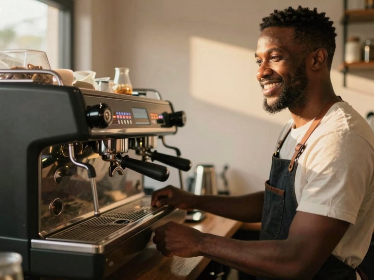 Warm environmental portrait of a Black male barista smiling behind a sleek espresso machine, soft golden-hour light streaming in.