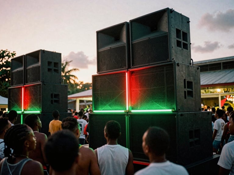 Raw night-time street dance in Kingston, massive speaker stacks glowing under neon green and red lights, crowded dancefloor, high-contrast, 35mm film grain.