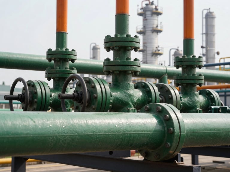 Close-up of industrial petroleum pipelines at a refinery, harsh natural daylight, deep green and safety orange tones, sharp focus, 35mm