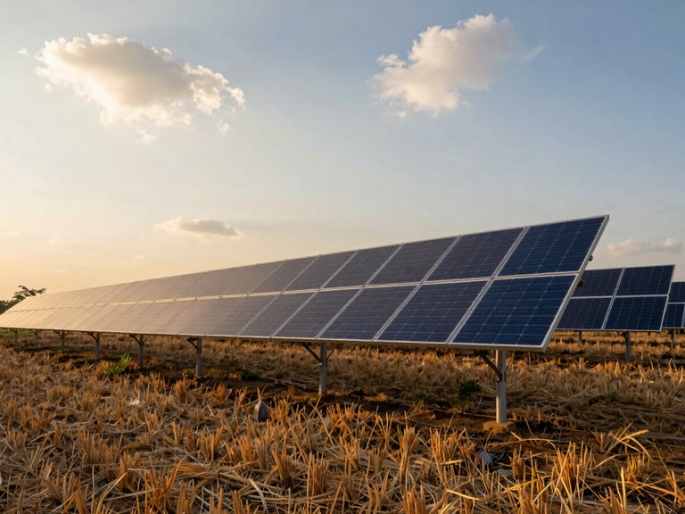 Wide environmental shot at golden hour of a completed ground-mounted solar array on flat agricultural land in Bihar, rows of dark-blue panels catching warm light, harvested crop stubble visible in the foreground, expansive sky with scattered clouds