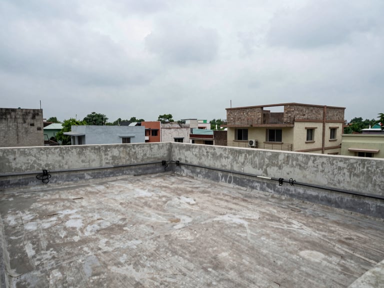 Environmental wide shot of a bare concrete rooftop in a Bihar residential neighbourhood under overcast daylight, no panels installed, exposed wiring conduit visible at the parapet edge, grey sky above