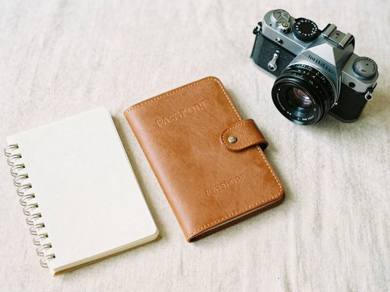 Flat-lay of a neatly arranged leather passport holder, notebook, and vintage camera on a cream linen sheet, soft overcast daylight, 35mm film aesthetic.