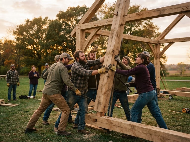 Candid 35mm film style photograph of local Ohio volunteers working together to raise a timber frame of a community shelter, warm golden-hour daylight casting soft shadows, focus on hands-on collaborative action.