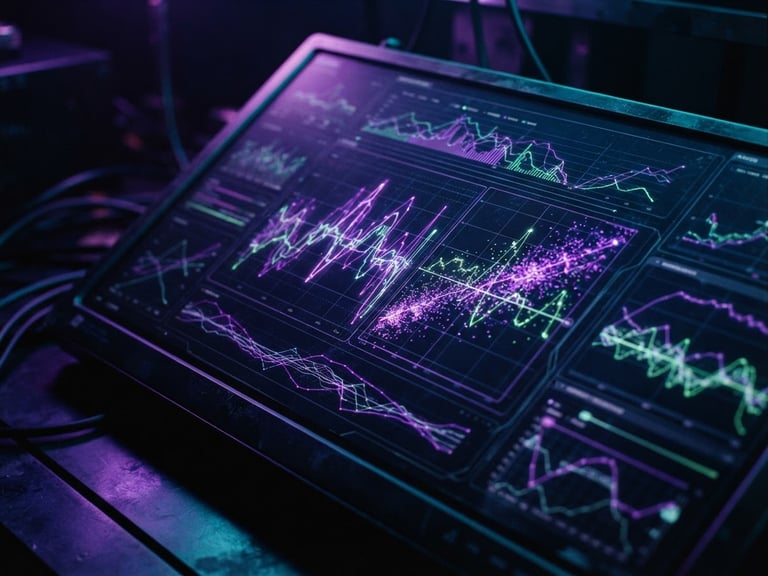 Macro shot of a high-tech dark interface showing real-time analytics graphs, glowing electric purple and neon green lines, moody low-key studio lighting, 35mm