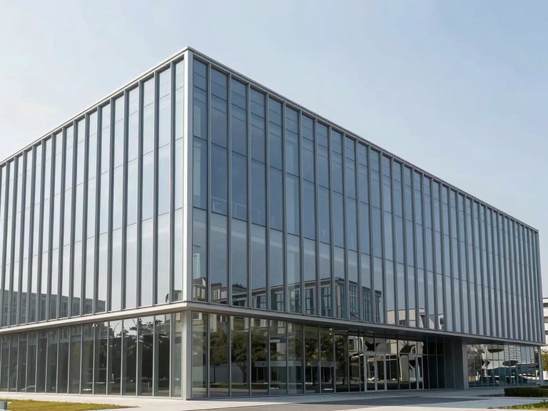 Wide-angle architectural photography of a minimalist modern building with a seamless structural glass facade, bright daylight, crisp reflections, cool steel tones.