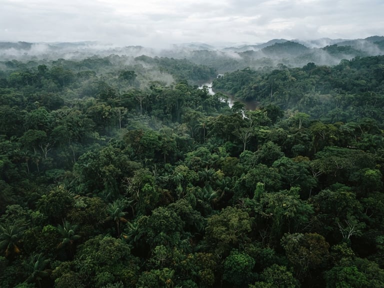 Wide environmental aerial photograph of dense, misty Amazon canopy, deep green moss tones, humid jungle light, medium format film