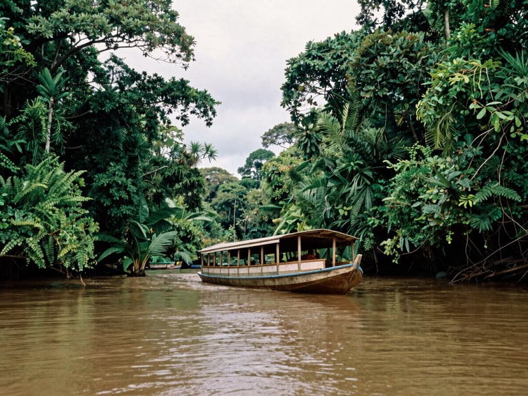 Wide environmental shot of a wooden riverboat navigating a narrow Amazon river tributary, lush green canopy on both sides, soft daylight, documentary style