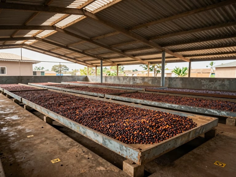 Close wide shot of a drying facility interior in West Africa, rows of raised drying beds with cocoa beans spread under a corrugated roof, natural daylight filtering through open sides, concrete floor with lot number markers visible, documentary clarity, no people