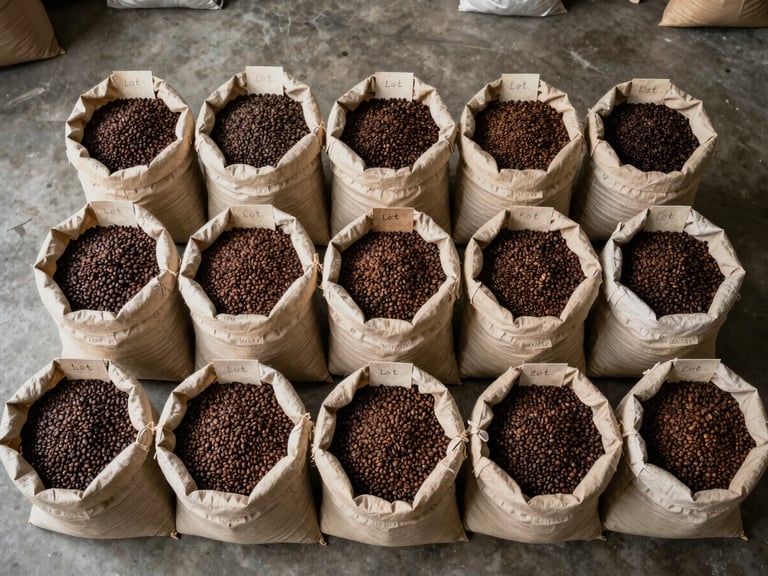 Overhead flat-lay of dried coffee beans sorted into labeled cloth sacks on a concrete warehouse floor, lot number tags visible, natural warehouse light, no people, documentary clarity, wide angle from directly above