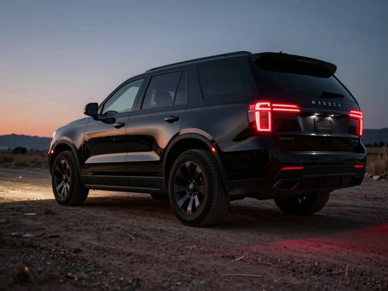 Low-angle cinematic shot of a secure black transport SUV parked on a remote dirt road at dusk, subtle red ambient taillight glow, high-contrast shadows, anamorphic lens.