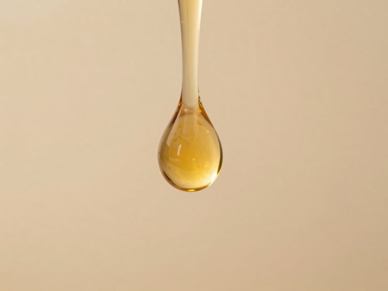 Extreme close-up of a golden liquid droplet suspended in clean water, macro lens, soft morning light, amber textures