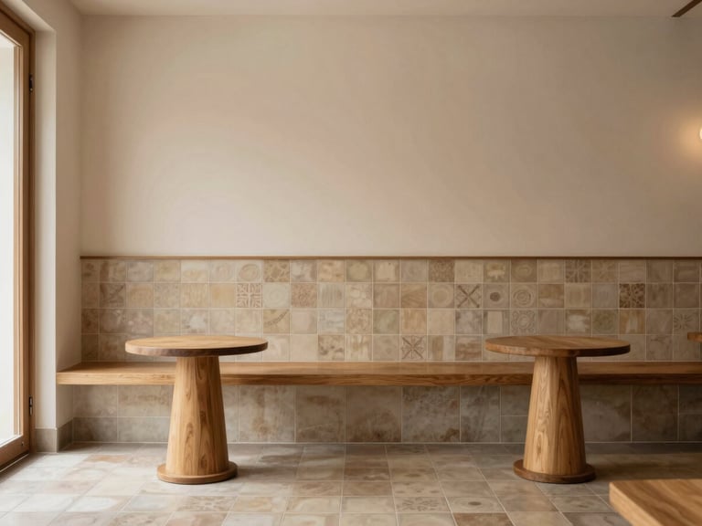 Warm architectural photography of a minimalist independent cafe interior with natural light, warm wood accents, and custom ceramic tiles, muted earth tones, high-end editorial, 35mm lens