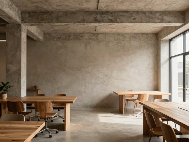 Warm architectural photography of a minimalist creative office interior with natural light, exposed concrete, and custom wood furniture, muted earth tones, high-end editorial, 35mm lens