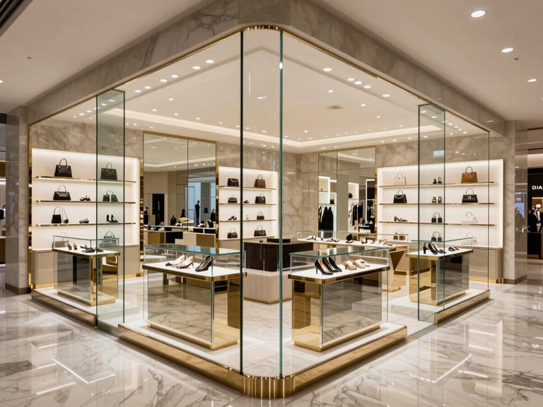 High-end luxury retail showroom in Riyadh with polished marble floors and structured glass displays under bright architectural lighting
