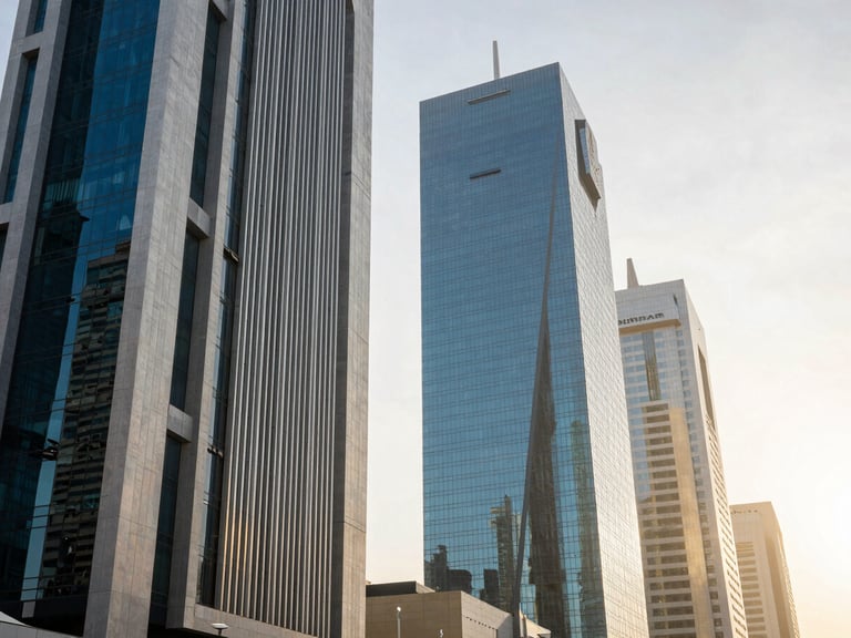 Sharp architectural view of Riyadh Financial District under bright morning light, clean structural lines of steel and glass, high contrast.