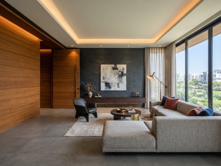 Architectural interior photography of a modern Hyderabad living room, crisp teak wood paneling meeting a dark slate wall, warm integrated LED ceiling lights, 24mm lens