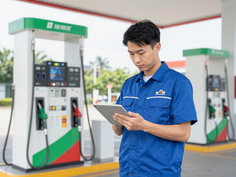 Professional gas station attendant in a clean uniform watching a training video on a tablet, with fuel pumps in the background, bright daylight, crisp blue and green tones, sharp focus, editorial B2B style.