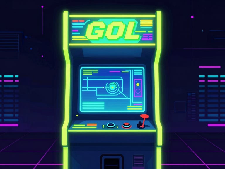 Front-on orthographic game screen showing a vibrant retro neon arcade cabinet, glowing cyber-lime vector graphics, dark synthwave background.