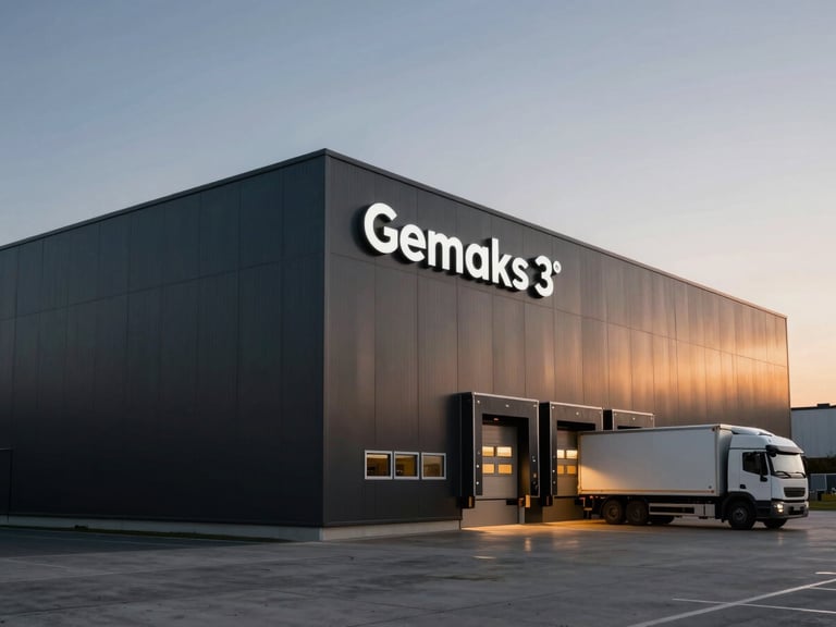 Wide shot of Gemaks' modern industrial facility in Ikitelli OSB, Istanbul, at dusk, with high-contrast lighting highlighting the clean lines of the building and a delivery truck parked at a loading dock to the right.