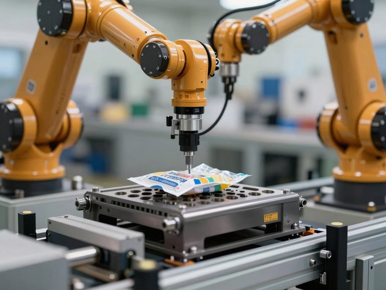 Macro shot of a robotic arm precisely placing a packaged industrial component onto a conveyor belt in a well-lit, clean factory environment, with motion blur on the arm and sharp focus on the package.