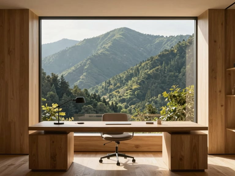 Warm directional mountain daylight illuminating a minimalist, high-end professional workspace with clean lines and natural oak textures, architectural framing, 35mm