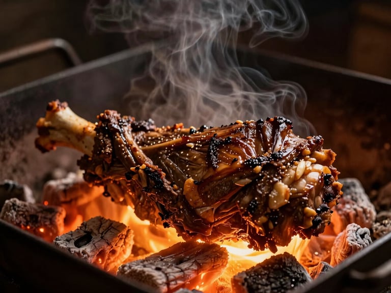 Close-up of slow-cooked lamb shoulder (fırın kebabı) coming out of a charcoal oven, dramatic warm glow, rich brown crust, steam rising, 50mm
