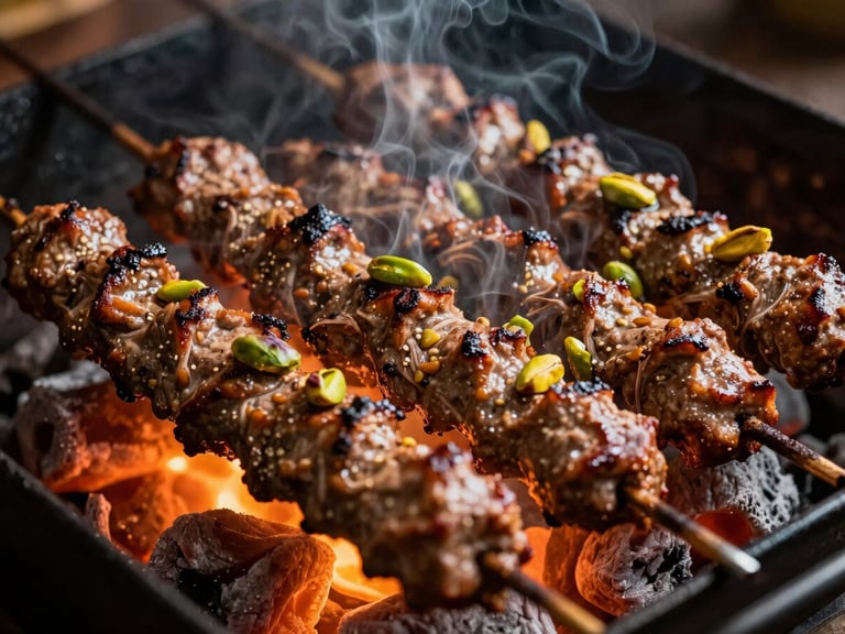 Close-up of Fıstıklı Kebap, green pistachios visible, sizzling gently over charcoal, warm amber light, smoke, 50mm