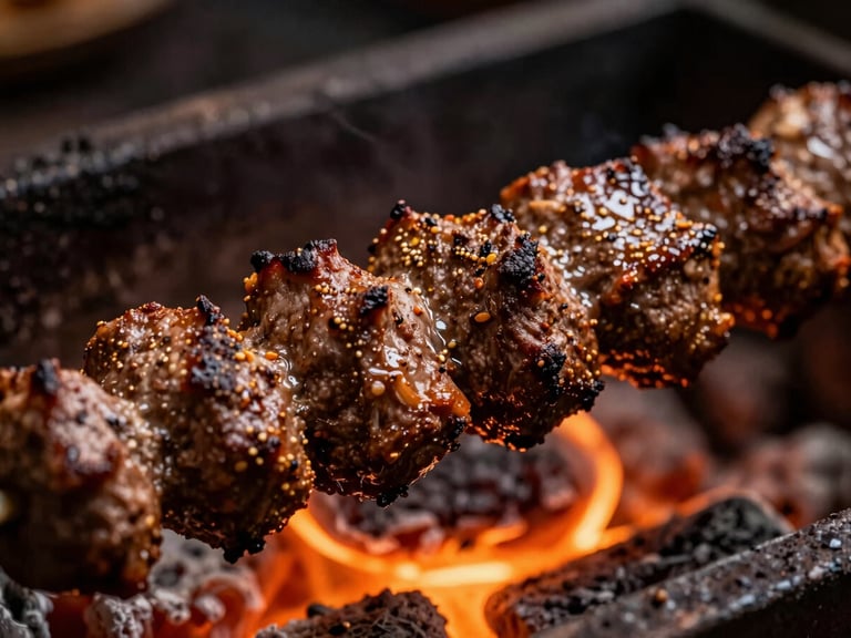 Extreme close-up of Urfa kebab texture, richly spiced, on a skewer, with warm glow from embers, high contrast, 50mm