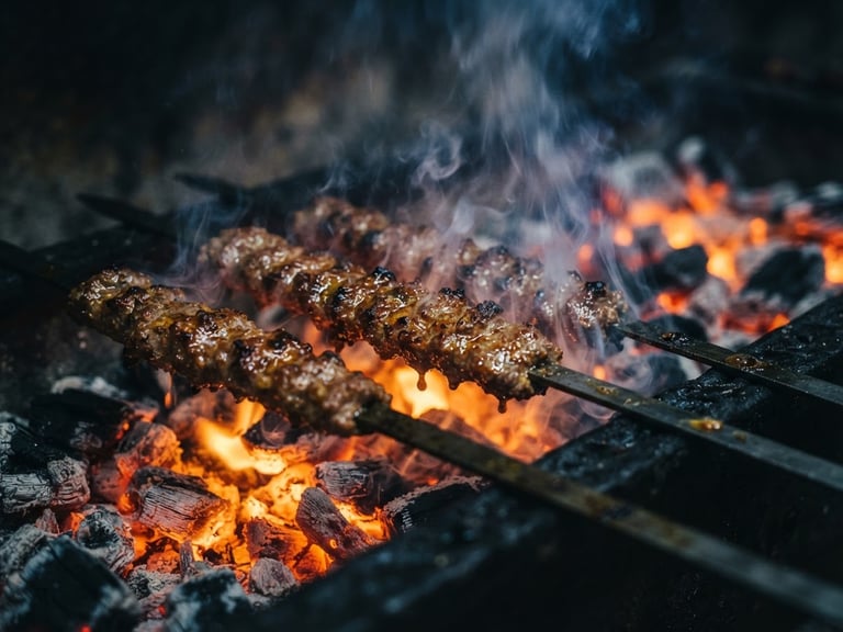 Close-up of sizzling Adana kebab skewers over glowing charcoal embers, dramatic low-key lighting, smoke rising, 50mm
