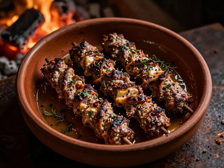 Overhead shot of Ali Nazik kebab in a clay bowl, garnished with herbs, with dramatic side lighting and warm, moody atmosphere, 50mm