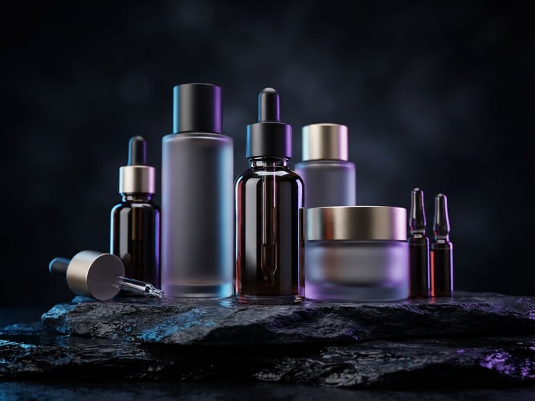 Wide-angle premium 3D product render of cosmetic glass bottles on dark stone, high-contrast studio lighting, electric blue and purple rim accents, sharp focus, cinematic depth of field