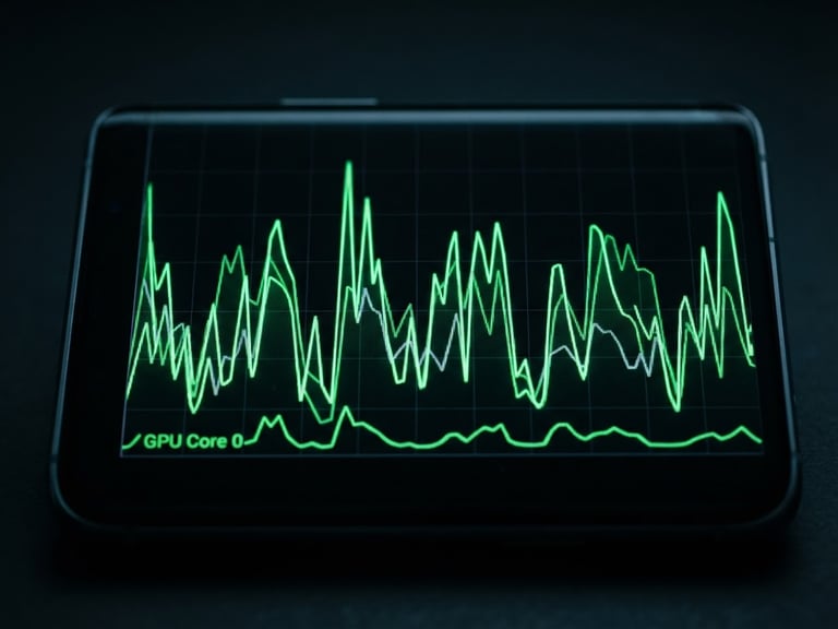 Macro shot of a high-end Android device screen displaying a real-time CPU profiling graph with sharp green lines on a deep black background, low-key cool-toned lighting