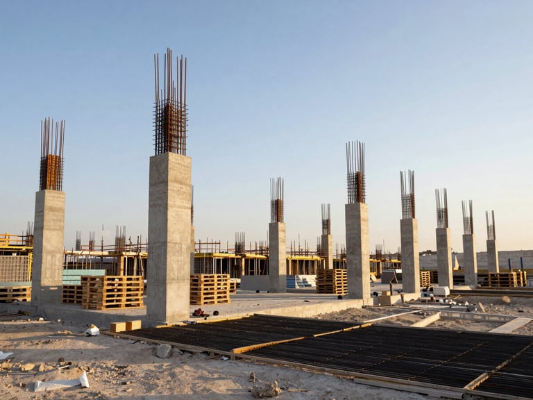 Active construction site in Amman during golden hour, wide mid-distance shot showing exposed concrete structural columns and rebar staging in the foreground, material pallets organized along the site perimeter, clear sky, no workers in frame
